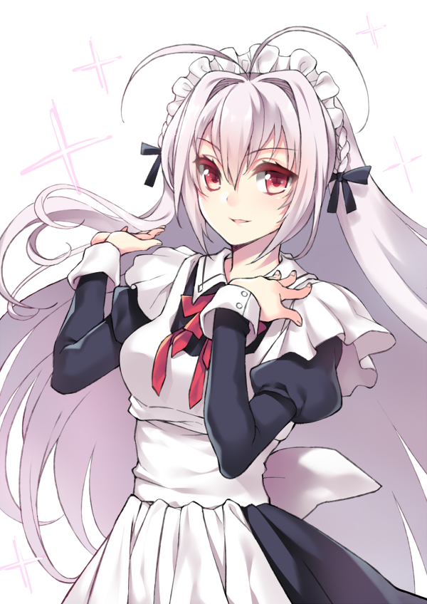 1boy 1girl :d antenna_hair apron black_dress black_ribbon blush bow bowtie breasts collar cowboy_shot dress female_focus fuya_(tempupupu) hair_between_eyes hair_ribbon hand_in_own_hair hand_on_own_chest hand_up light_purple_hair long_hair long_sleeves looking_at_viewer maid_headdress medium_breasts open_mouth parted_lips red_bow red_bowtie red_eyes ribbon sakurakouji_saika sleeve_cuffs smile solo trap tsuki_ni_yorisou_otome_no_sahou_2 tsurime very_long_hair