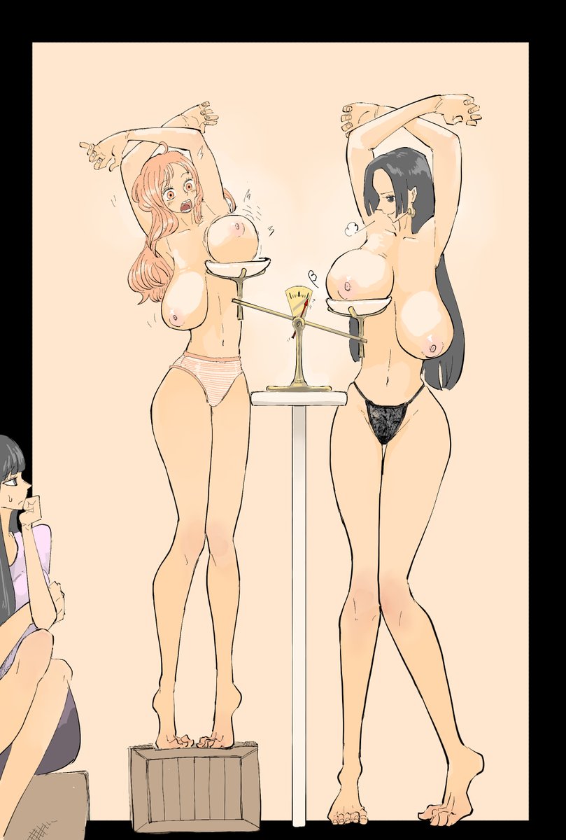 3girls armpits arms_up belly black_hair blush boa_hancock breasts earrings feet graphite_(medium) hato_hato_hato highres jewelry large_breasts lineart long_hair looking_at_viewer multiple_girls nami_(one_piece) navel nico_robin nipples one_piece open_mouth panties red_eyes toes topless_female traditional_media underwear