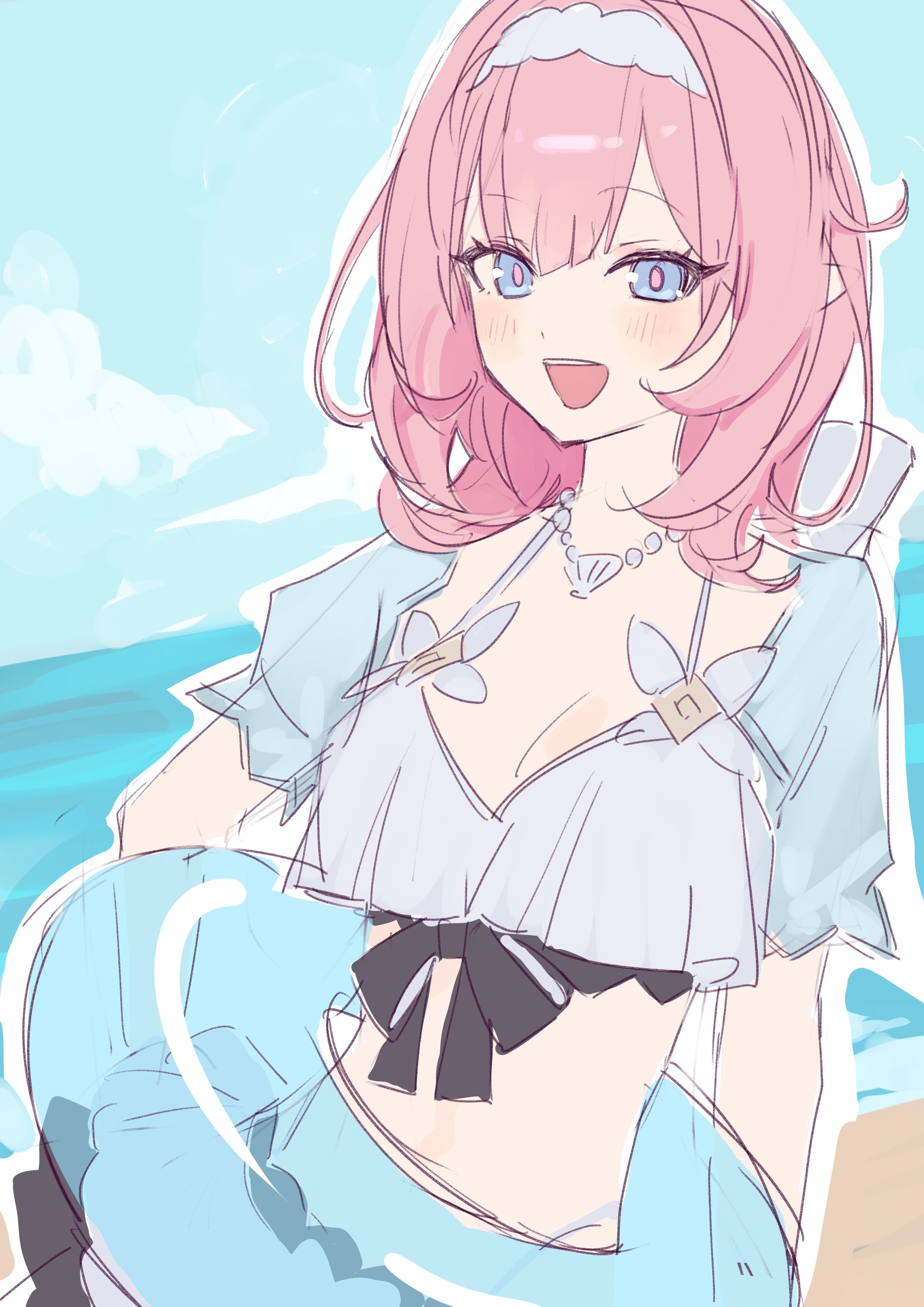 1girl absurdres beach bikini bikini_skirt blue_eyes blue_innertube blue_sky breasts cleavage elf elysia_(honkai_impact) elysia_(miss_pink_elf)_(honkai_impact) elysia_(summer_miss_elf)_(honkai_impact) hairband highres holding holding_swim_ring honkai_(series) honkai_impact_3rd innertube jewelry large_breasts long_hair looking_at_viewer necklace ocean open_mouth pearl_necklace pink_hair pointy_ears roena sand sky smile solo stomach swim_ring swimsuit white_bikini white_hairband