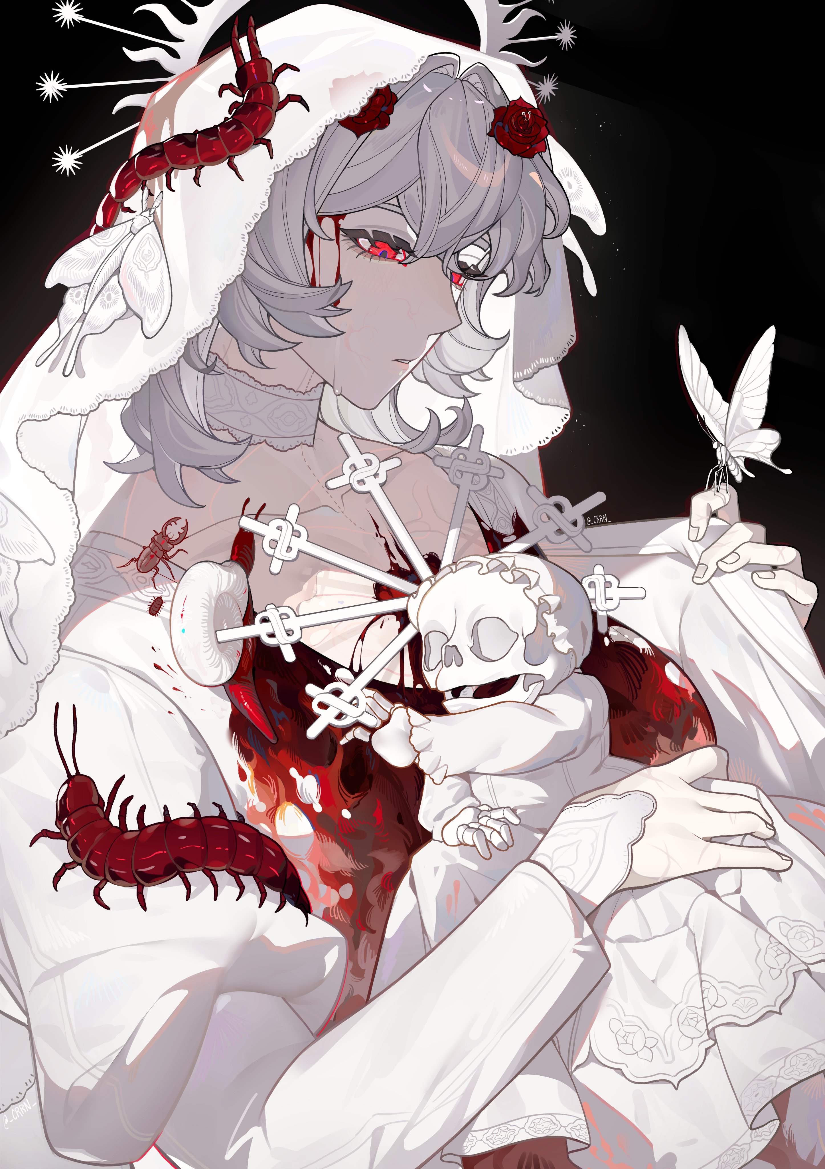 1girl absurdres beetle black_background blood blood_drip bug centipede commentary crrn dress english_commentary halo highres holding_skeleton insect long_hair long_sleeves looking_at_viewer original parted_lips red_eyes simple_background skeleton upper_body veil white_dress white_hair white_veil