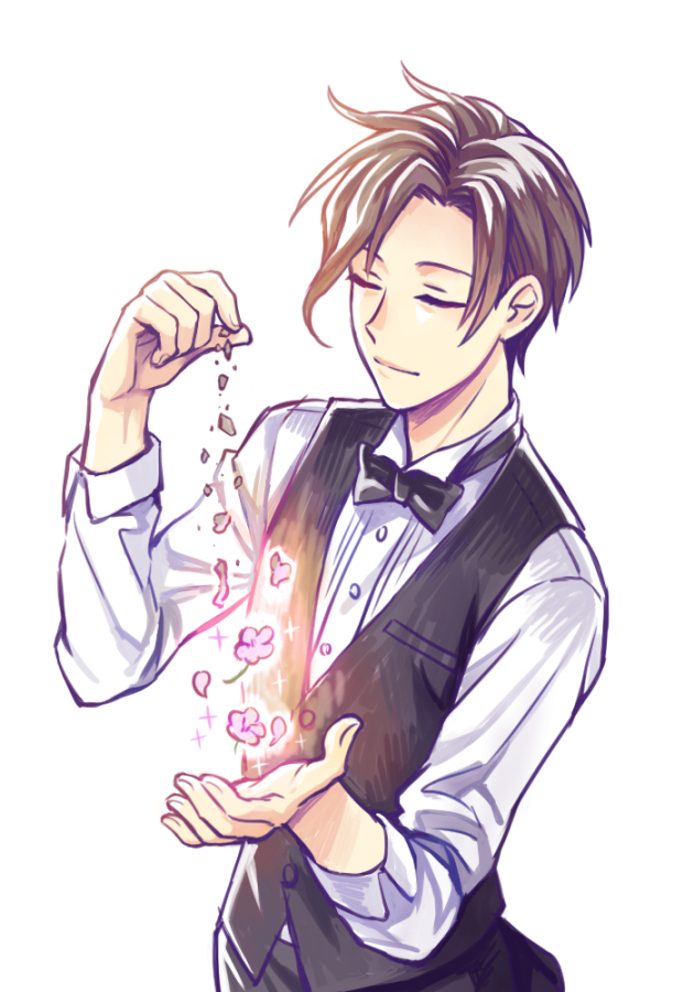 1boy black_bow bow bowtie breast_pocket brown_hair buttons closed_eyes fingernails flower fukakuteisei idolmaster idolmaster_side-m kamiya_yukihiro male_focus pink_flower pocket solo vest waistcoat white_background