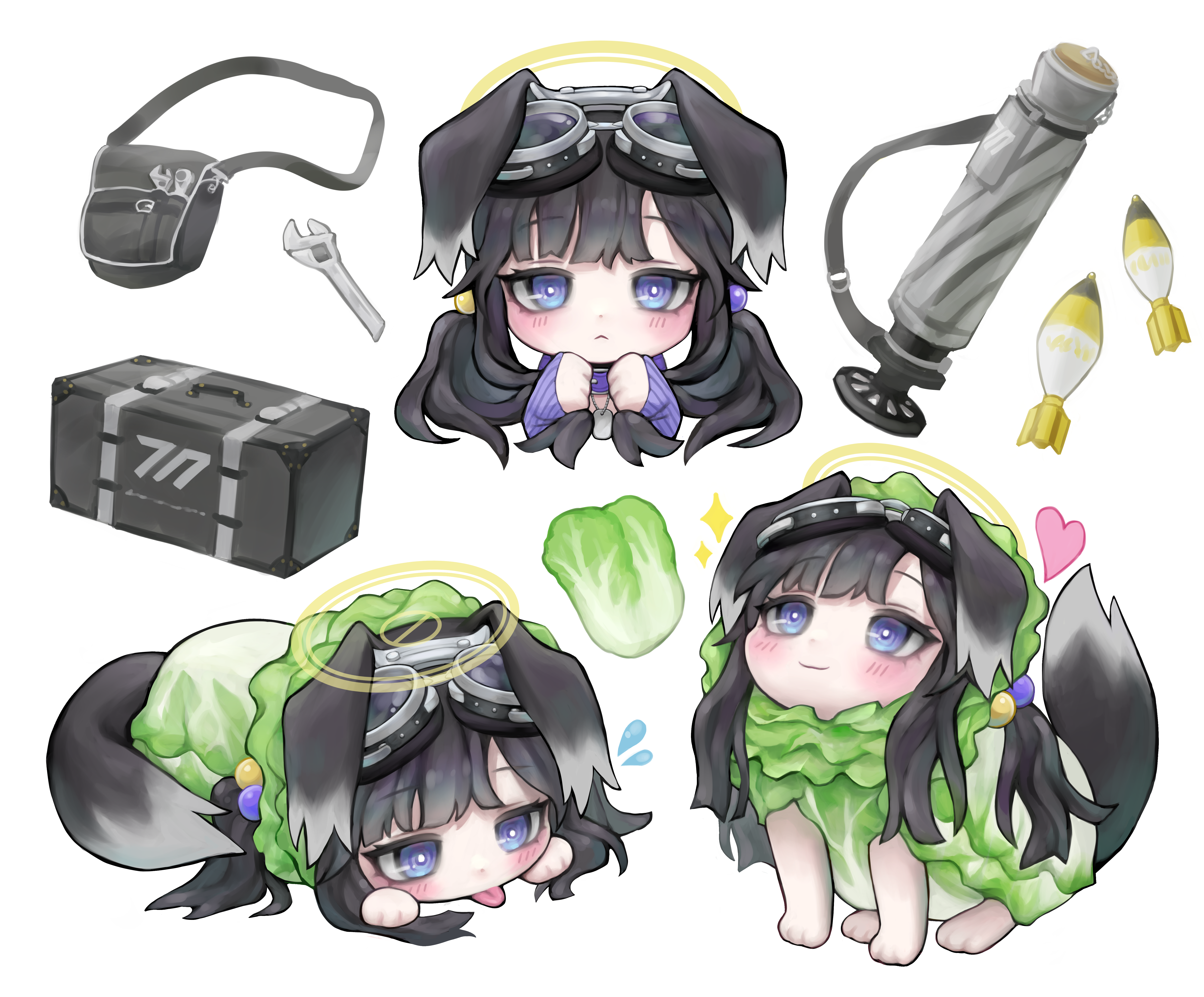 1girl absurdres adjustable_wrench ammunition animal_ears animalization bag black_hair blue_archive blush cabbage chibi closed_mouth dog dog_ears dog_girl dog_tail eyewear_on_head flying_sweatdrops goggles goggles_on_head grabbing_own_hair hair_bobbles hair_ornament halo happy heart hibiki_(blue_archive) highres jiyuneva long_hair long_sleeves looking_at_viewer mortar_(weapon) mortar_shell napa_cabbage purple_eyes sleeves_past_wrists smile tail tongue tongue_out twintails wrench