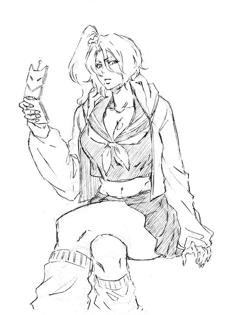 1girl bleach breasts cleavage collarbone gyaru kubo_tite_(style) large_breasts matsumoto_rangiku midriff mole mole_under_mouth navel rakusakugk side_ponytail sitting skirt solo