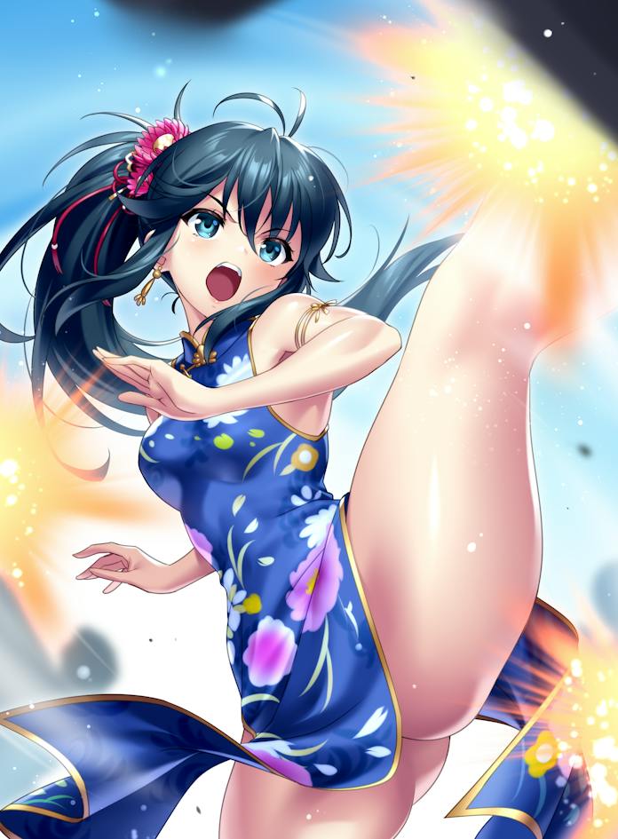 1girl alternate_costume aqua_eyes battle black_hair blush china_dress chinese_clothes commentary_request commission cowboy_shot dress fighting_stance floral_print flower gluteal_fold hair_between_eyes hair_flower hair_ornament hip_vent kicking kung_fu leg_up long_hair motion_blur no_panties open_mouth pink_flower ponytail shiny_skin skeb_commission sleeveless sleeveless_dress solo teeth thighs toji_no_miko upper_teeth_only v-shaped_eyebrows yamashiro_yui zen_(kamuro)