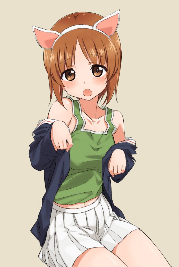 1girl animal_ears beige_background blue_jacket blush brown_eyes brown_hair cat_ears commentary fake_animal_ears fang frown girls_und_panzer green_shirt jacket long_sleeves looking_at_viewer midriff_peek military military_uniform miniskirt nishizumi_miho off_shoulder ooarai_military_uniform open_clothes open_jacket open_mouth paw_pose pleated_skirt shikou_sakugo_(qqap9gt9k) shirt short_hair simple_background sitting skirt solo tank_top white_skirt