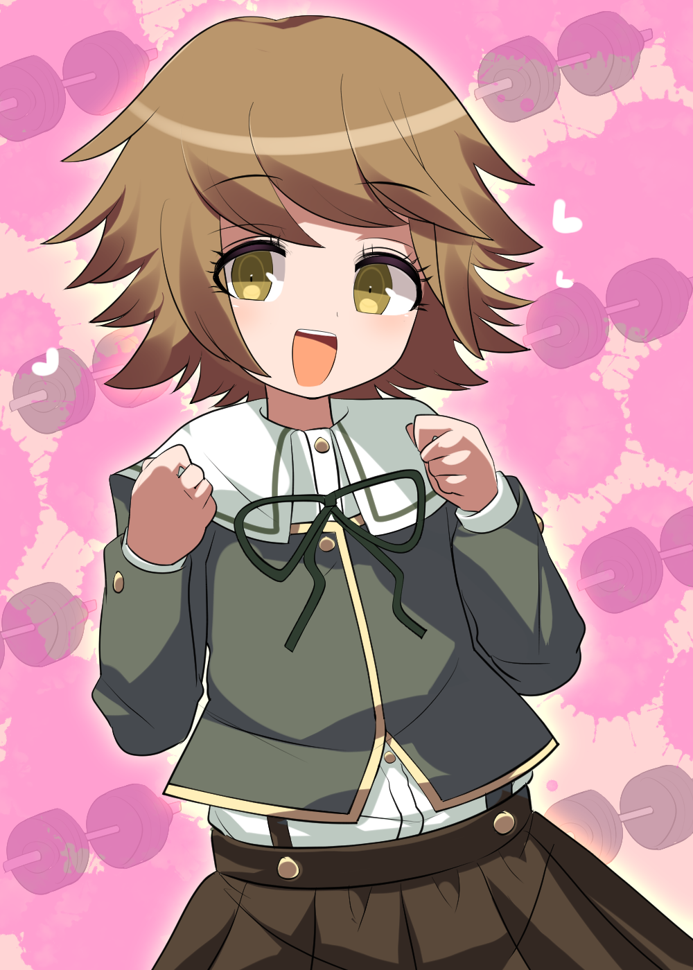 1boy :d blush brown_eyes brown_hair brown_skirt cowboy_shot crossdressing danganronpa:_trigger_happy_havoc danganronpa_(series) dumbbell fujisaki_chihiro green_ribbon grey_shirt hands_up heart highres lets0020 looking_at_viewer male_focus neck_ribbon open_mouth pink_background ribbon shirt short_hair skirt smile solo suspender_skirt suspenders teeth trap upper_teeth_only white_shirt