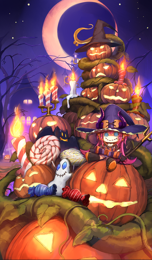 bare_tree candle candy character_doll commentary crescent_moon elizabeth_bathory_(fate) elizabeth_bathory_(halloween_caster)_(fate) fate/grand_order fate_(series) fire food ghost halloween jack-o&#039;-lantern lasengle moon night night_sky no_humans official_art pumpkin sky star_(sky) starry_sky third-party_source tree