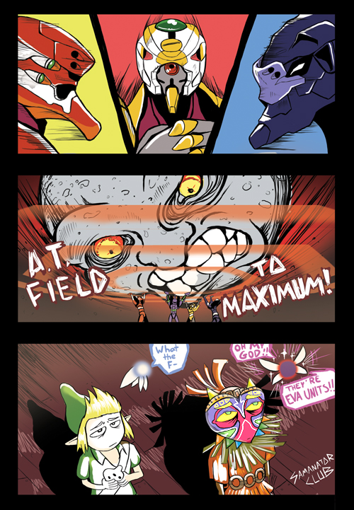 at_field bags_under_eyes comic crossover english_text eva_00 eva_01 eva_02 eva_03 green_headwear green_tunic humanoid_robot instrument link mask moon_(zelda) neon_genesis_evangelion nintendo ocarina robot samanator_club skull_kid speech_bubble standing tael tatl the_legend_of_zelda the_legend_of_zelda:_majora&#039;s_mask tunic unamused wind yellow_eyes