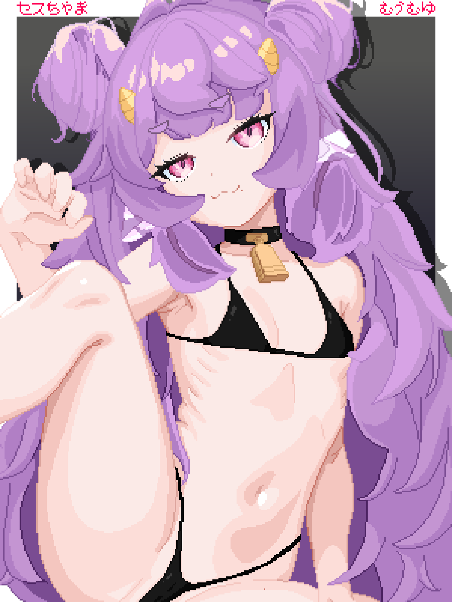 1girl animal_ears bare_shoulders bikini cameltoe collarbone cow_ears double_bun flat_chest hair_bun horns leg_up long_hair looking_at_viewer mole muu_muyu navel neck_bell phase_connect pink_eyes pixel_art purple_hair ribs seth-chama solo spread_legs swimsuit virtual_youtuber