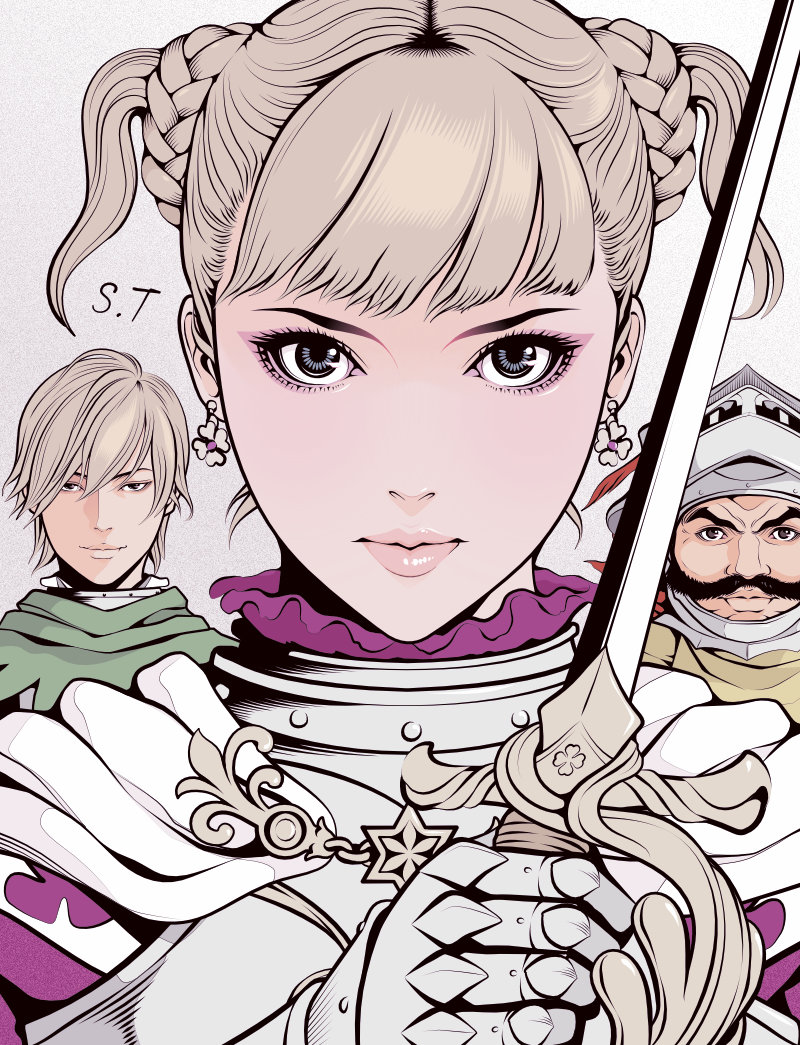 1girl 2boys armor azan_(berserk) berserk blonde_hair blunt_bangs braid capelet closed_mouth collar commentary_request earrings eyelashes eyeshadow facial_hair farnese_(berserk) flower_earrings frilled_collar frills full_armor green_capelet hair_between_eyes half-closed_eyes helmet holding holding_sword holding_weapon jewelry limited_palette lips looking_at_viewer makeup multiple_boys mustache pink_eyeshadow pink_lips portrait serpico_(berserk) short_hair signature simple_background smile solo_focus spot_color sword takanashi_shin twin_braids twintails weapon white_armor white_background white_capelet