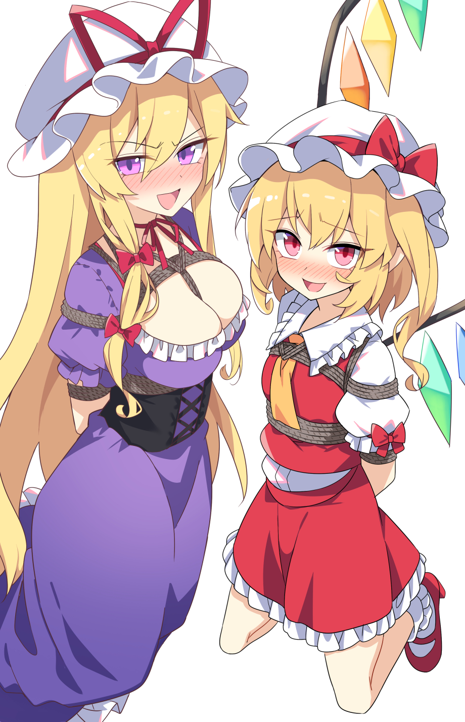 2girls bdsm blonde_hair blush bondage bound breasts dress e.o. flandre_scarlet hat hat_ribbon highres looking_at_viewer mob_cap multiple_girls purple_dress purple_eyes red_eyes red_ribbon ribbon shibari side_ponytail simple_background smile tagme touhou white_background yakumo_yukari