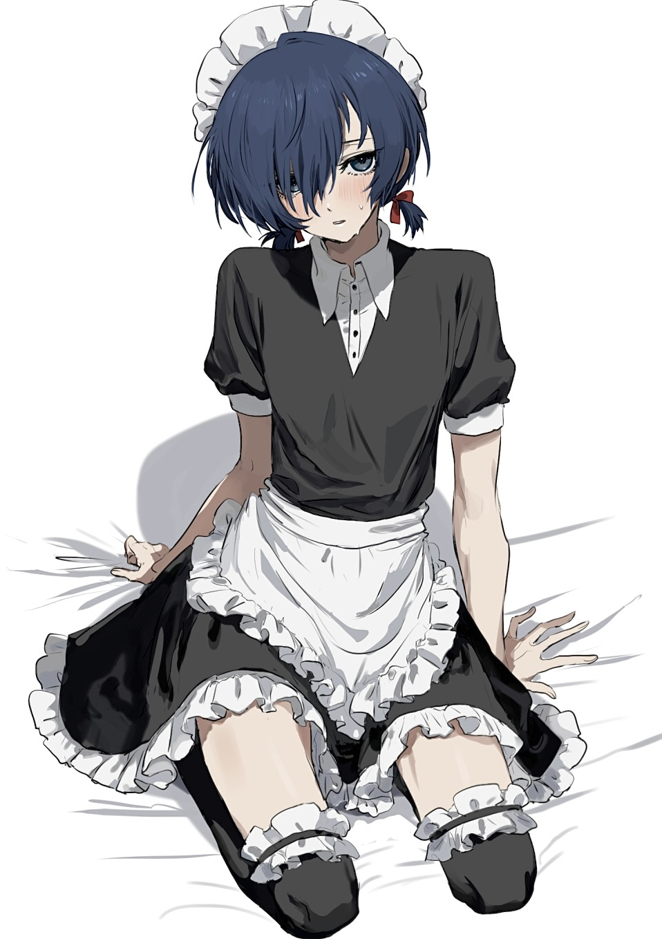 1boy alternate_costume apron arm_support bed_sheet black_dress black_thighhighs blush bow commentary_request crossdressing dress embarrassed enmaided frilled_apron frilled_thighhighs frills full_body hairband head_tilt highres looking_at_viewer maid maid_headdress male_focus persona persona_3 red_bow sheet_grab solo sweat tamaon_2525 thighhighs trap two_side_up waist_apron white_apron white_hairband yuuki_makoto_(persona_3)