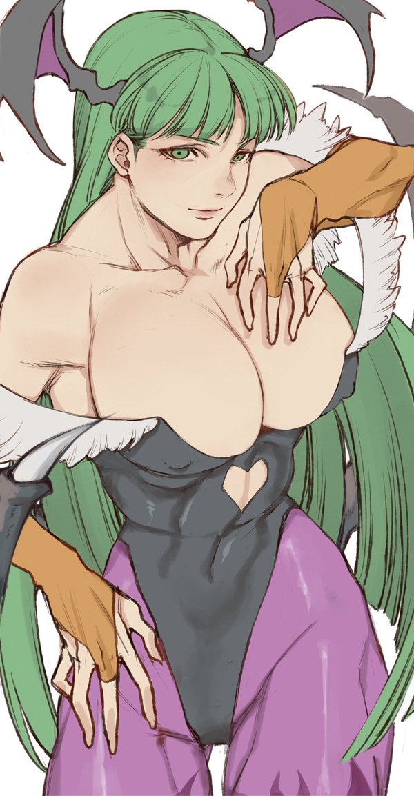 1girl black_leotard breasts bridal_gauntlets cleavage darkstalkers head_wings large_breasts leotard morrigan_aensland pantyhose purple_pantyhose solo strapless strapless_leotard toned toned_female wings yasunososaku