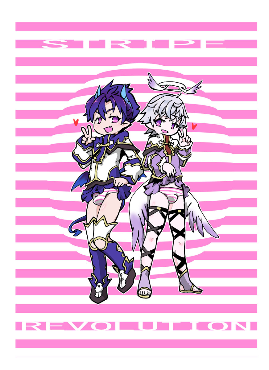 2boys angel angel_and_devil angel_wings blue_hair blush bulge clothes_lift crossdressing demon_boy demon_tail demon_wings fang full_body halo highres low_wings luke_venus male_focus mini_wings multiple_boys open_mouth panties pointy_ears pop-up_story purple_eyes school_uniform sekien_(red_hobby_no_mori) silver_hair skirt skirt_lift smile striped_clothes striped_panties tail underwear v wings ziz_glover