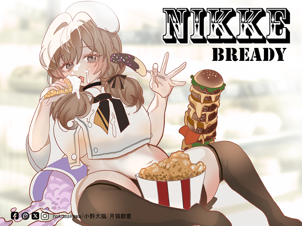 1girl artist_name banana beret bottomless bow bready_(nikke) breasts brown_hair brown_thighhighs bucket_of_chicken burger character_name chicken_(food) crop_top eating food food_on_face fried_chicken fruit goddess_of_victory:_nikke grey_eyes hair_bow hair_over_shoulder hair_ribbon hat ice_cream ice_cream_cone ice_cream_on_face kfc licking_ice_cream low_twintails lunacats medium_breasts medium_hair midriff navel ribbon shirt sitting solo spread_legs thighhighs tongue tongue_out twintails white_hat white_shirt