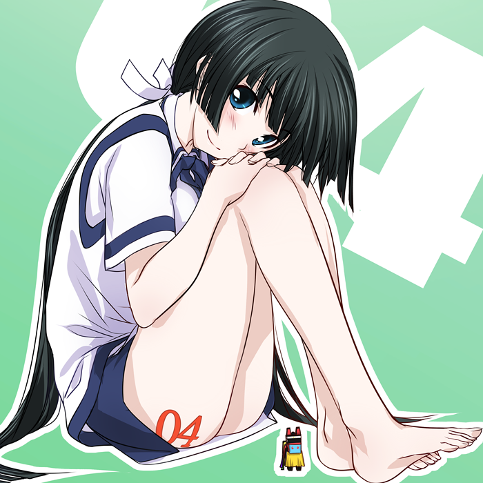1girl bare_legs barefoot blue_eyes blush feet female_focus green_hair kawagishi_keitarou long_hair looking_at_viewer maji_de_watashi_ni_koi_shinasai! matsukaze_(maji_de_watashi_ni_koi_shinasai!) mayuzumi_yukie ribbon school_uniform skirt smile solo very_long_hair wagi