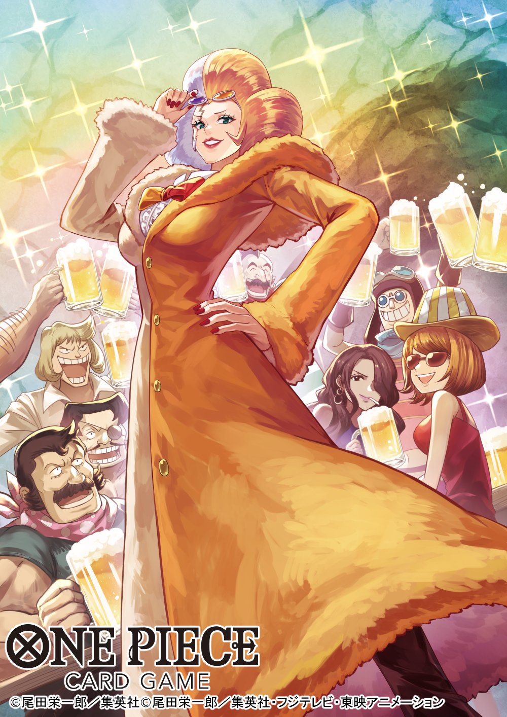 3girls 4boys ^_^ beer_mug blonde_hair bow bowtie brown_hair buttons cigarette closed_eyes coat commentary_request copyright_name cup earrings eyepatch facial_hair from_above hair_bun hair_over_one_eye hand_on_own_hip hat highres holding holding_cup hood hooded_coat inazuma_(one_piece) jewelry koushi_rokushiro long_coat long_sleeves looking_at_another looking_at_viewer mug multicolored_coat multicolored_hair multiple_boys multiple_girls mustache neckerchief official_art one_piece one_piece_card_game open_mouth orange-tinted_eyewear orange_bow orange_bowtie orange_coat orange_hair purple-tinted_eyewear red_bow red_bowtie red_lips red_nails shirt short_hair short_sleeves smile sparkle sunglasses swept_bangs t-shirt tank_top tinted_eyewear two-tone_bow two-tone_bowtie two-tone_coat two-tone_eyewear two-tone_hair white_coat white_hair