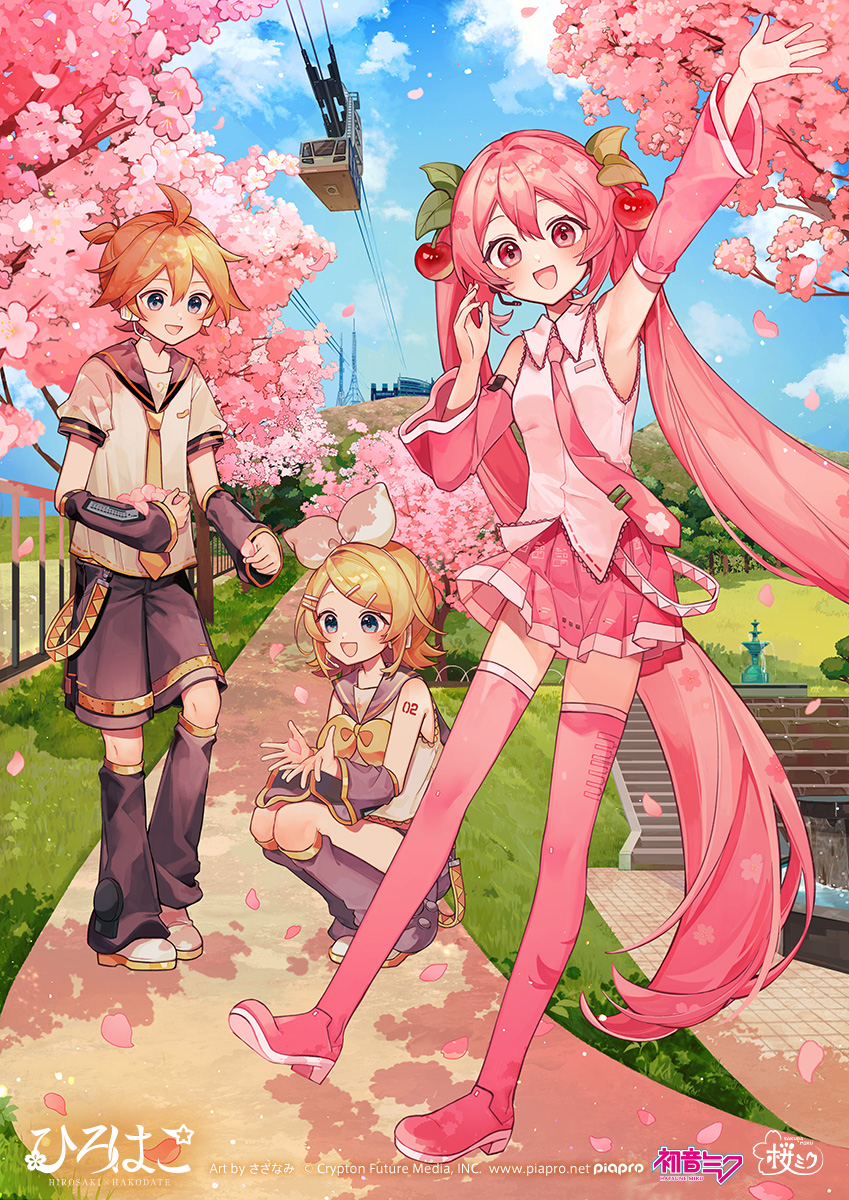 1boy 2girls :d ahoge arm_tattoo arm_up armpits artist_name belt black_sailor_collar black_shorts black_socks blue_eyes blue_sky blush bow bowtie breasts building cable_car character_name cherry_blossoms cherry_hair_ornament cloud cloudy_sky collared_shirt commentary_request company_name copyright_name copyright_notice day detached_sleeves dot_nose double-parted_bangs falling_petals flipped_hair food-themed_hair_ornament fountain full_body grass hair_between_eyes hair_bow hair_ornament hairclip hand_up hatsune_miku headphones headset heel_up high_ponytail highres hirohako holding holding_petal kagamine_len kagamine_rin kneehighs large_bow legs_together logo long_hair looking_at_viewer looking_down loose_belt microphone miniskirt mountain multiple_girls necktie number_tattoo official_art open_mouth outdoors outstretched_arm outstretched_hand own_hands_together park parted_bangs perspective petals pink_belt pink_eyes pink_hair pink_necktie pink_shirt pink_shoes pink_skirt pink_sleeves pink_thighhighs pleated_skirt ponytail railing sailor_collar sailor_shirt sakura_miku sazanami_(ripple1996) shirt shoes short_hair short_ponytail short_sleeves shorts siblings skirt sky sleeveless sleeveless_shirt small_breasts smile socks spring_(season) squatting stairs standing tattoo thighhighs tie_clip toes_up tree twins twintails vanishing_point very_long_hair vocaloid water waving white_bow white_shirt white_shoes yellow_belt yellow_bow yellow_bowtie yellow_necktie zettai_ryouiki