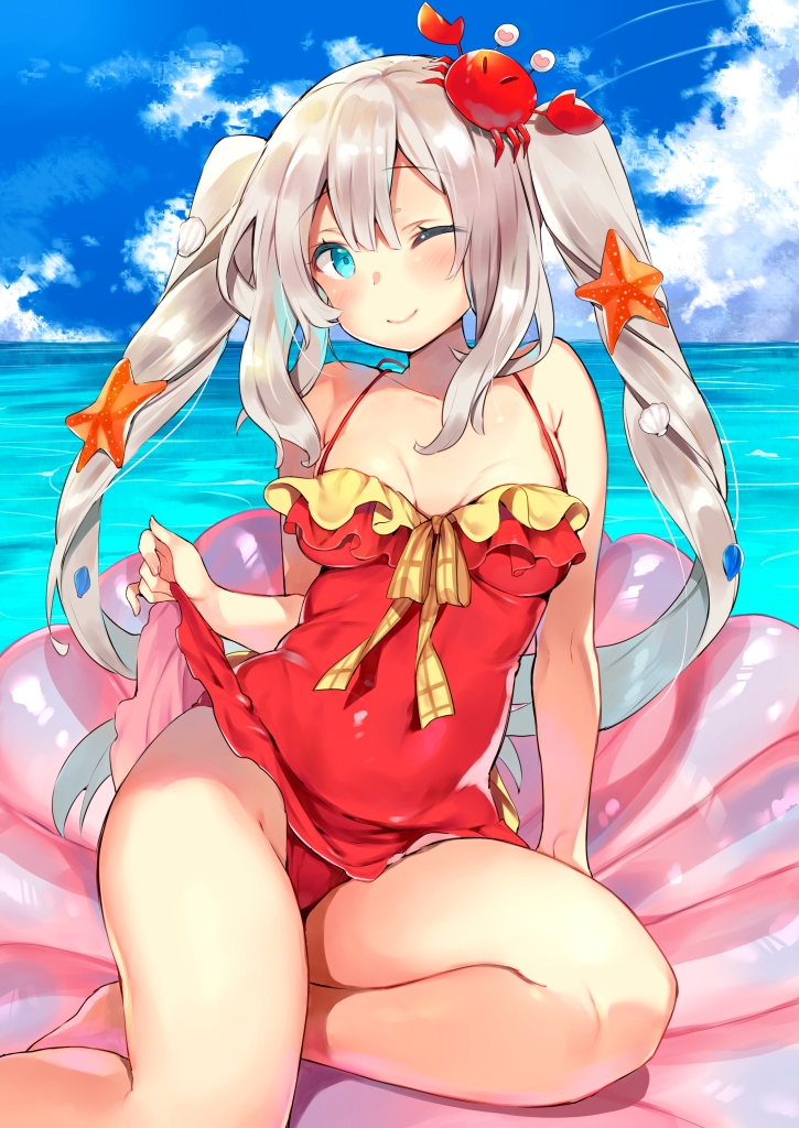 1girl ;) animal animal_on_head arm_support bare_arms bare_legs bare_shoulders barefoot blue_eyes blue_sky blush breasts breasts_apart casual_one-piece_swimsuit closed_mouth clothes_lift cloud collarbone commentary_request crab day fate/grand_order fate_(series) female_focus frilled_swimsuit frills grey_hair groin head_tilt heart heart_in_eye horizon kibii_mocha lifting_own_clothes long_hair marie_antoinette_(fate) marie_antoinette_(swimsuit_caster)_(first_ascension)_(fate) medium_breasts ocean on_head one-piece_swimsuit one_eye_closed outdoors red_one-piece_swimsuit seashell shell shell_hair_ornament sidelocks sitting sky smile solo starfish starfish_hair_ornament swimsuit swimsuit_skirt symbol_in_eye twintails very_long_hair water yokozuwari