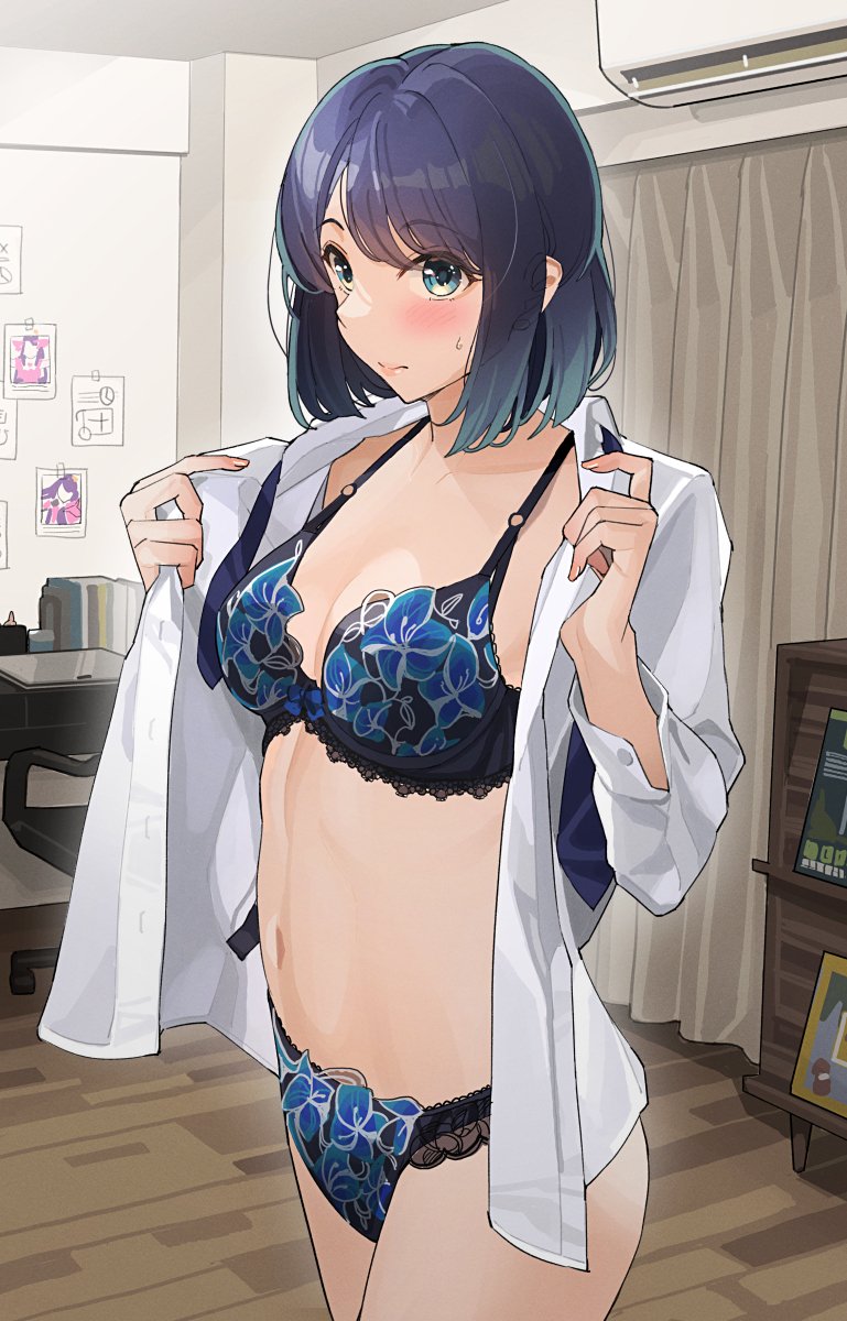 1girl air_conditioner black_bra black_panties blue_eyes blue_hair blue_necktie blush bra breasts chair closed_mouth commentary_request curtains desk dress_shirt fingernails floral_print gradient_hair green_hair highres indoors kurokawa_akane lace lace-trimmed_bra lace-trimmed_panties lace_trim long_fingernails long_sleeves medium_breasts medium_hair multicolored_hair navel necktie no_pants office_chair open_clothes open_shirt opened_by_self oshi_no_ko panties photo_(object) shirt solo stomach sweatdrop swept_bangs swivel_chair tipii underwear undone_necktie white_shirt wooden_floor