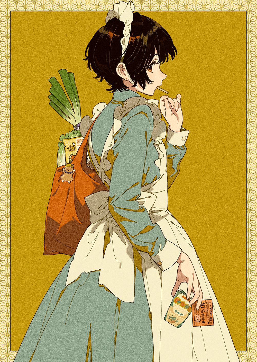 1girl apron asa_no_ha_(pattern) back_bow bag bag_charm between_fingers black_hair blue_dress bow brown_eyes charm_(object) commentary_request downscaled dress earrings film_grain fingernails food framed frilled_apron frilled_hairband frills from_behind from_side groceries hairband hand_up highres holding holding_food jewelry lettuce long_dress looking_at_viewer looking_to_the_side maid maid_apron maid_headdress mouth_hold original outside_border pack_noodles parted_lips profile resized short_hair shoulder_bag sideways_glance sleeve_cuffs solo spring_onion standing stud_earrings white_apron white_hairband yellow_background