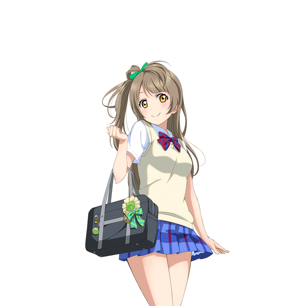 1girl bag bag_charm blue_skirt blush bow bowtie brown_hair brown_sweater_vest charm_(object) clenched_hand closed_mouth cowboy_shot diagonal-striped_bow diagonal-striped_bowtie diagonal-striped_clothes dress_shirt elbow_carry green_bow hair_bow hand_up holding holding_bag long_hair looking_to_the_side love_live! love_live!_school_idol_festival love_live!_school_idol_project minami_kotori miniskirt official_art one_side_up otonokizaka_school_uniform petticoat plaid_clothes plaid_skirt pleated_skirt red_bow red_bowtie school_bag school_uniform shirt short_sleeves skirt smile solo standing striped_clothes summer_uniform sweater_vest transparent_background white_shirt yellow_eyes