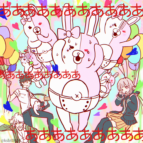1girl 2boys :d ahoge balloon black_pants bow brown_hair brown_skirt collared_shirt danganronpa_2:_goodbye_despair diaper dress_shirt ear_bow flipped_hair green_jacket hair_ornament hajime_(gitoriokawaii) heart hinata_hajime holding hood hood_down hooded_jacket jacket komaeda_nagito long_sleeves medium_hair monokuma monomi_(danganronpa) multiple_boys nanami_chiaki neck_ribbon necktie one_eye_closed open_clothes open_jacket open_mouth pants pleated_skirt pocket ribbon shirt shoes short_hair short_sleeves skirt smile stuffed_animal stuffed_rabbit stuffed_toy sweat thighhighs white_shirt