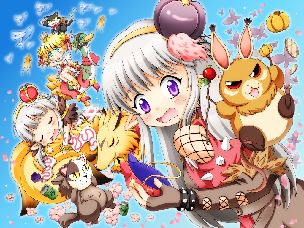 3girls bikini black_cat blonde_hair blue_background blue_eyes blunt_bangs blush bow brown_coat brown_gloves cat closed_eyes coat commentary_request cross-laced_clothes cross-laced_gloves crown detached_sleeves double_bun elbow_gloves feather_trim feathered_wings fingerless_gloves fish flower flying_fish fox full_body fur-trimmed_coat fur_collar fur_trim gloves grey_hair hair_bun long_hair meruya_(catcan) multiple_girls open_mouth pink_flower pointy_ears purple_crown purple_eyes ragnarok_online red_bow red_crown roadrunner_(animal) shadow_chaser_(ragnarok_online) sidelocks sorcerer_(ragnarok_online) squid swimsuit wanderer_(ragnarok_online) white_bikini white_sleeves white_wings wings