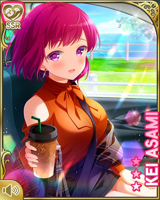 1girl :d aged_up alternate_hair_length alternate_hairstyle asami_kei black_skirt car card_(medium) character_name day driving girlfriend_(kari) motor_vehicle official_art open_mouth orange_shirt outdoors pink_eyes pink_hair ponytail qp:flapper seatbelt shirt short_hair sitting skirt sky smile tagme vehicle_interior