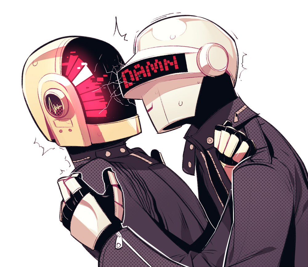 2boys ^^^ bad_id bad_pixiv_id commentary daft_punk damaged english_text gloves guy_manuel_de_homem-christo helmet jotman male_focus multiple_boys simple_background thomas_bangalter white_background yaoi