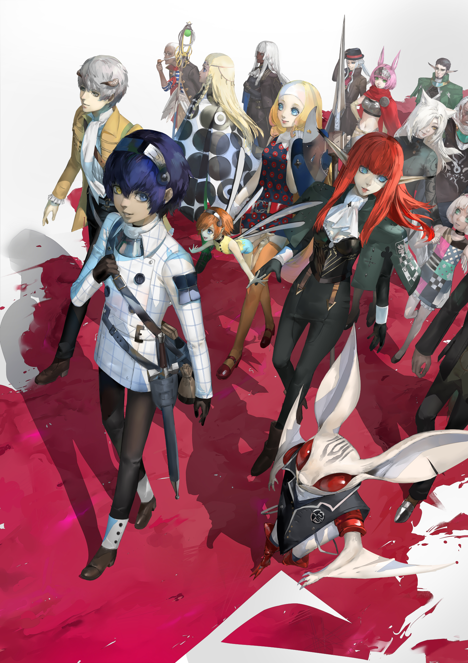 6+boys 6+girls alonzo_(metaphor:_refantazio) animal_ears armor ascot bardon_(metaphor:_refantazio) basilio_(metaphor:_refantazio) beard belt belt_buckle black_choker black_gloves black_hairband black_hat black_jacket black_pants blazpu blonde_hair blue_eyes braid breastplate brigitta_(metaphor:_refantazio) brown_jacket buckle buttons catherina_(metaphor:_refantazio) child choker closed_mouth creature crossed_arms dark-skinned_female dark_skin eupha_(metaphor:_refantazio) fabienne_(metaphor:_refantazio) facial_hair fairy fairy_wings father_and_daughter feathered_wings floating_hair flying gallica_(metaphor:_refantazio) gloves grey_hair grius_(metaphor:_refantazio) hair_over_one_eye hairband hat heismay_(metaphor:_refantazio) heterochromia highres holding holding_staff horns hulkenberg_(metaphor:_refantazio) jacket junah_(metaphor:_refantazio) leotard lips long_hair long_sleeves looking_at_another looking_to_the_side maria_(metaphor:_refantazio) metaphor:_refantazio mini_person minigirl multiple_boys multiple_girls mustache neuras_(metaphor:_refantazio) one_eye_covered open_clothes open_jacket orange_hair orange_thighhighs pants parted_lips pauldrons pink_hair pink_lips pointy_ears polearm poncho protagonist_(metaphor:_refantazio) purple_eyes red_belt red_hair scarf short_hair shoulder_armor single_pauldron size_difference smile spear staff strohl_(metaphor:_refantazio) sword thighhighs third_eye twin_braids very_long_hair walking weapon white_ascot white_hairband white_jacket white_scarf wings yellow_eyes yellow_leotard