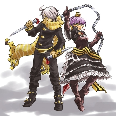 1boy 1girl 7th_dragon 7th_dragon_(series) ahoge alusha_(7th_dragon) arm_up black_dress black_footwear breasts brown_gloves character_request cleavage closed_mouth clothing_cutout covered_mouth crown dagger dress dual_wielding earrings frilled_dress frills gloves green_eyes grey_hair hair_over_eyes holding holding_dagger holding_knife holding_weapon holding_whip jewelry knife lowres medium_hair princess_(7th_dragon) purple_hair reverse_grip rogue_(7th_dragon) scarf sio_(nek-0) smile spikes standing striped_clothes striped_scarf turtleneck weapon whip yac_(7th_dragon) yellow_eyes yellow_gloves yellow_scarf