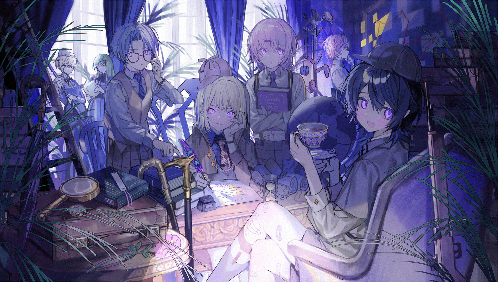 6+boys adjusting_eyewear bandaid bandaid_on_knee bandaid_on_leg black_cape black_hair black_hat blonde_hair blue_hair blue_necktie blue_shirt blush book broom brown_cape brown_hair brown_vest cape checkered_clothes checkered_necktie checkered_pants closed_eyes closed_mouth clothes_hanger collared_shirt commentary_request cowboy_shot crossed_arms cup curtains detective diagonal-striped_clothes diagonal-striped_necktie ear_piercing earrings fang feet_out_of_frame flower full_body garter_straps glowing glowing_eyes green_hair grey_shirt grey_vest gun hair_between_eyes hair_ornament hat highres holding holding_book holding_broom holding_cup holding_plate holding_quill hourglass indoors jacket jewelry ladder long_hair looking_at_another looking_at_object looking_at_viewer magnifying_glass male_focus medium_hair multiple_boys nana_tetra neck_ribbon necktie on_chair open_mouth original pants paper parted_lips piercing pink_eyes pink_hair plant plate pocket_watch purple_eyes quill ribbon rifle shirt short_hair shorts sitting skin_fang smile standing stepladder striped_clothes suitcase teacup teeth umbrella upper_body vest watch weapon white_shirt window x_hair_ornament