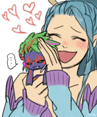 1boy 1girl amazon_pandora bare_shoulders black_sclera blue_hair blush chibi colored_sclera colored_skin detached_sleeves closed_eyes green_hair hades_(kid_icarus) happy heart holding kid_icarus kid_icarus_uprising looking_down lowres nintendo open_mouth orange_eyes pandora_(kid_icarus) purple_hair purple_skin red_hair size_difference smile tattoo