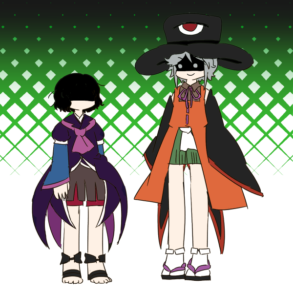 2others androgynous ascot bare_legs bare_shoulders black_footwear black_hair black_hat black_sleeves blue_sleeves brown_shorts chikafumikou clause_(len&#039;en) clause_(len&#039;en)_(cosplay) coat coattails collared_coat collared_shirt collared_socks commentary_request cosplay costume_switch detached_sleeves enraku_tsubakura eye_of_senri faceless flat_color full_body green_background green_hakama grey_shirt hakama hakama_short_skirt hakama_skirt hat houlen_yabusame japanese_clothes kuzu_suzumi kuzu_suzumi_(cosplay) lapels layered_sleeves len&#039;en long_sleeves looking_at_another multiple_others neck_ribbon notched_lapels orange_coat other_focus pink_ascot purple_coat purple_ribbon ribbon ribbon-trimmed_coat ribbon_trim sandals shaded_face shirt short_hair short_over_long_sleeves short_sleeves shorts skirt sleeveless sleeveless_coat sleeveless_shirt sleeves_past_fingers sleeves_past_wrists socks standing tabi toes top_hat two-tone_background white_background white_socks wide_sleeves zouri