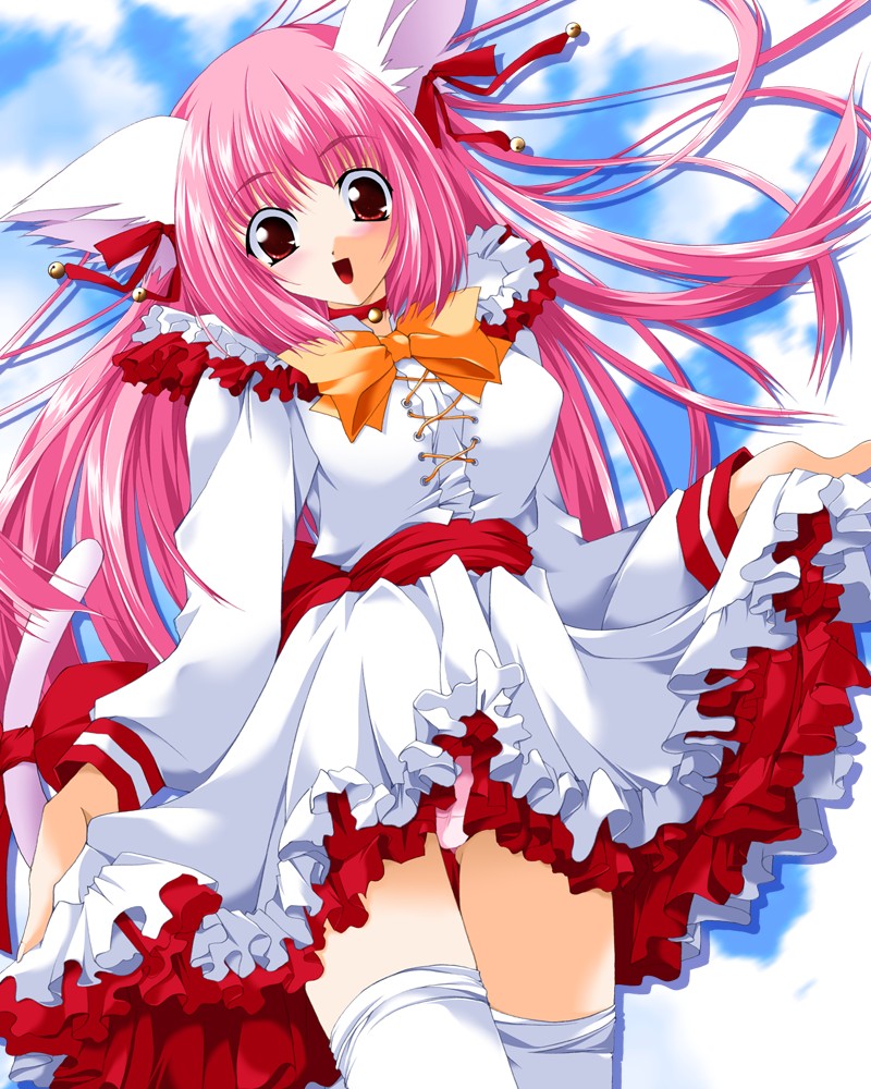 1girl animal_ears blush cat_ears cat_tail female_focus frills hair_ribbon happy lace lingerie long_hair looking_at_viewer ouritsu_nekomimi_gakuen paopa_ship petticoat pink_hair red_eyes ribbon solo tail thighhighs underwear yui_hamilton