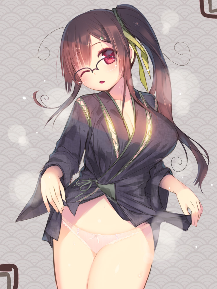 1girl ;o ahoge arima_senne blush breasts brown_hair cleavage female_focus glasses hair_ornament hair_ribbon hairclip kashiwamochi_yomogi large_breasts long_hair looking_at_viewer one_eye_closed original panties pink_panties red_eyes ribbon side_ponytail solo underwear