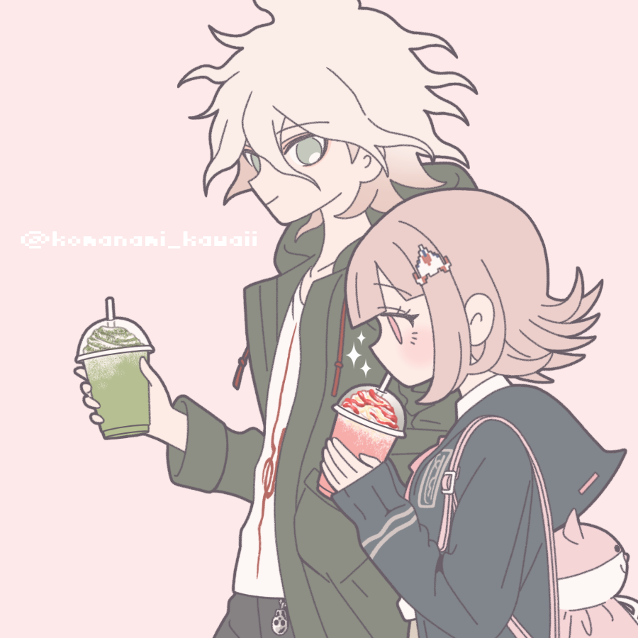 1boy 1girl animal_bag brown_hair cat_bag danganronpa_(series) danganronpa_2:_goodbye_despair drinking flipped_hair galaga grey_hair hair_ornament holding hood hood_down hooded_jacket jacket komaeda_nagito komanami_kawaii long_sleeves medium_hair messy_hair nanami_chiaki open_clothes pink_bag shirt simple_background smile spaceship_hair_ornament white_background white_shirt