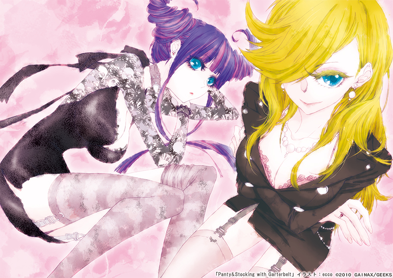 10s 2girls alternate_hairstyle artist_request black_dress blonde_hair blue_eyes bra breasts choker cleavage dress earrings gainaxtop garter_straps jewelry large_breasts medium_breasts multicolored_hair multiple_girls necklace official_art panty_&amp;_stocking_with_garterbelt panty_(psg) pink_hair purple_hair ring siblings sisters stocking_(psg) striped_clothes striped_thighhighs thighhighs twintails two-tone_hair underwear