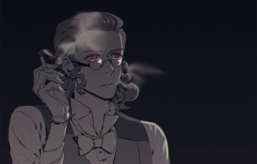 1boy bow bowtie cigarette classicaloid commentary_request forehead franz_schubert_(classicaloid) gloves holding holding_cigarette long_sleeves male_focus monochrome portrait ringed_eyes round_eyewear sf_jd smoke smoke_trail smoking solo spot_color vest