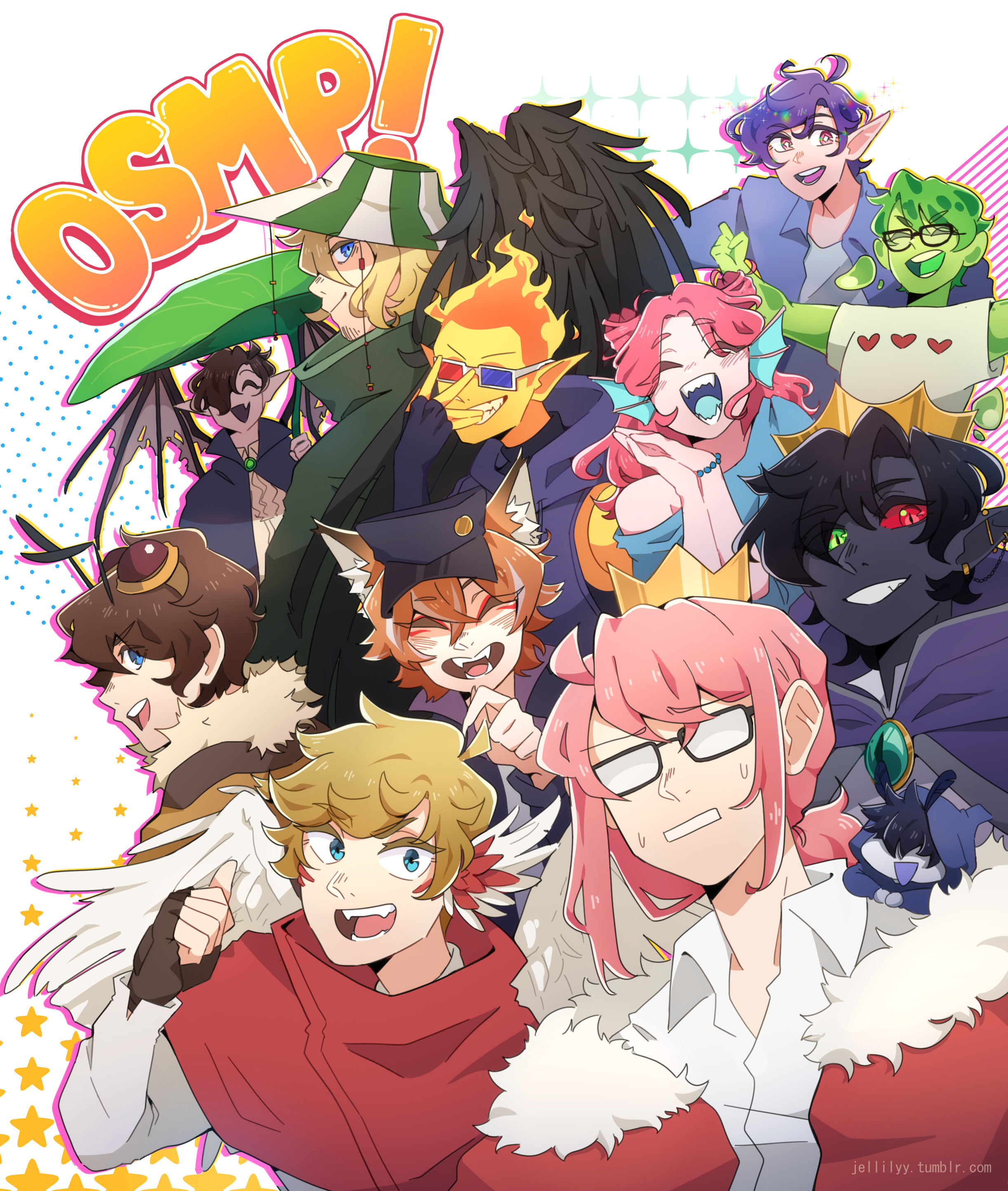 1girl 3d_glasses 6+boys absurdres ahoge androgynous animal_ears animification antennae bat_wings bee_boy bird_boy bird_wings black_hair black_skin bleach blonde_hair blue_eyes bracelet bucket_hat cape colored_skin copyright_name cosplay crow_boy crow_wings crown double_bun everyone eye_of_ender fiery_hair fins fish_girl fox_boy fox_ears fundy_(youtuber) fur_cape fur_trim glasses goggles goggles_on_head grin hair_bun happy hat head_fins head_wings heterochromia highres jack_manifold jack_manifold_(blazeborn) jellilyy jewelry long_hair male_focus minecraft minecraft_youtube mini_person miniboy monster_boy moth_boy multiple_boys nihachu nihachu_(merling) orange_hair origins_smp ph1lza ph1lza_(elytrian) pink_hair pink_skin pointy_ears poster_(medium) prince purple_hair ranboo ranboo_(enderian) slime_boy slimecicle smajor1995 smajor1995_(starborne) smile sneegsnag technoblade tommyinnit tommyinnit_(avian) tubbo tubbo_(bumblebee) urahara_kisuke urahara_kisuke_(cosplay) vampire wilbur_soot wilbur_soot_(phantom) wings