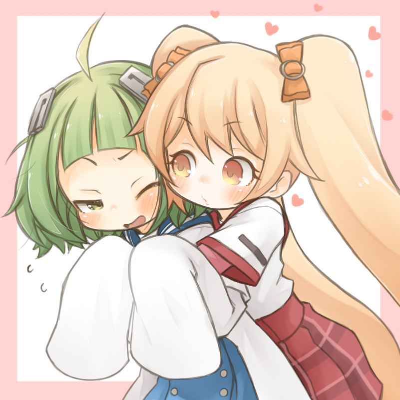 2girls ahoge blonde_hair blue_sailor_collar blue_skirt blunt_bangs border closed_mouth commentary_request cowboy_shot green_eyes green_hair heart hug kamihama_university_affiliated_school_uniform kisaki_emiri lab_coat layered_sleeves long_hair long_sleeves looking_at_another magia_record:_mahou_shoujo_madoka_magica_gaiden mahou_shoujo_madoka_magica minaminagi_liberty_academy_school_uniform miyako_hinano multiple_girls one_eye_closed open_mouth pink_border plaid_clothes plaid_skirt pleated_skirt red_skirt sailor_collar school_uniform serafuku shirt short_hair short_over_long_sleeves short_sleeves skirt smile standing twintails very_long_hair white_shirt yellow_eyes zangetsumaru