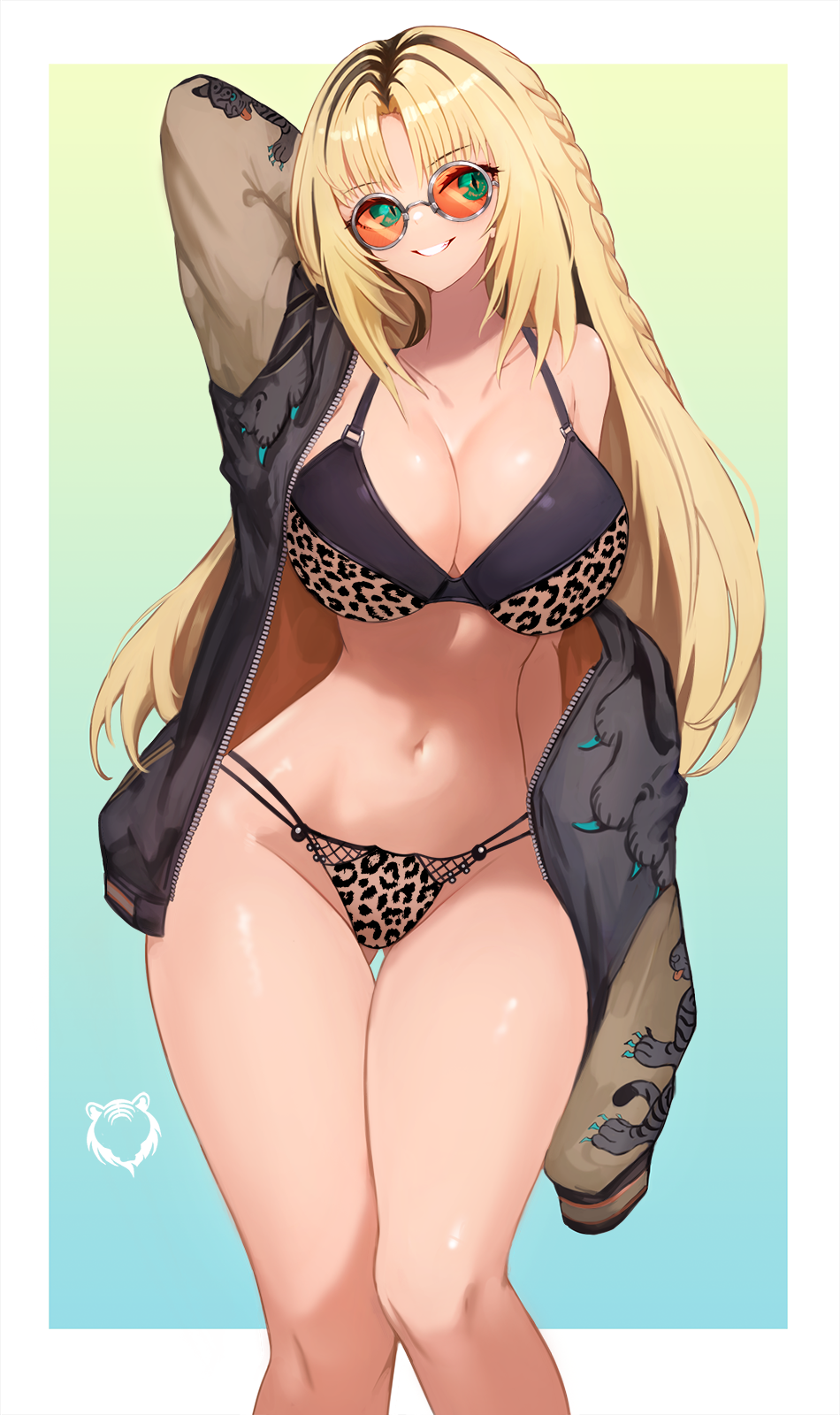 1girl animal_print black_bra black_hair black_jacket blonde_hair border bra breasts glasses green_eyes grey-framed_eyewear gyaru highres hololive hololive_dev_is jacket koganei_niko large_breasts leopard_print lingerie long_hair multicolored_hair navel notte onee_gyaru open_clothes open_jacket panties red-tinted_eyewear shiny_skin single_bare_shoulder smile solo streaked_hair thighs tinted_eyewear underwear virtual_youtuber white_border