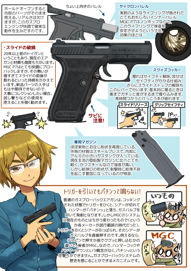 2girls airsoft_review_illustrated animal_ears blonde_hair blue_shirt breasts brown_eyes chibi diagram didloaded glasses gun h&amp;k_p7 h&amp;k_p7m13 handgun heckler_&amp;_koch information_sheet iron_sights japanese_text magazine_(weapon) multiple_girls original pistol polygonal_rifling rifling shirt sidearm smile text_focus translation_request weapon weapon_focus weapon_profile