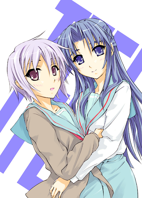00s 2girls asakura_ryoko bad_id bad_pixiv_id blue_eyes blue_hair funeral_(artist) hug multiple_girls nagato_yuki school_uniform serafuku short_hair silver_hair sumisi suzumiya_haruhi_no_yuuutsu