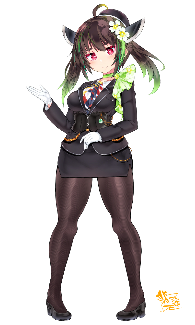 1girl ahoge alternate_costume black_pantyhose black_shoes breasts brown_hair commentary_request flight_attendant flower_ornament full_body gloves green_hair hat highres hisui_(stapspats) looking_at_viewer medium_breasts medium_hair multicolored_hair pantyhose red_eyes shoes simple_background smile solo thick_eyebrows thighs touhoku_kiritan travel_attendant voiceroid white_background white_gloves