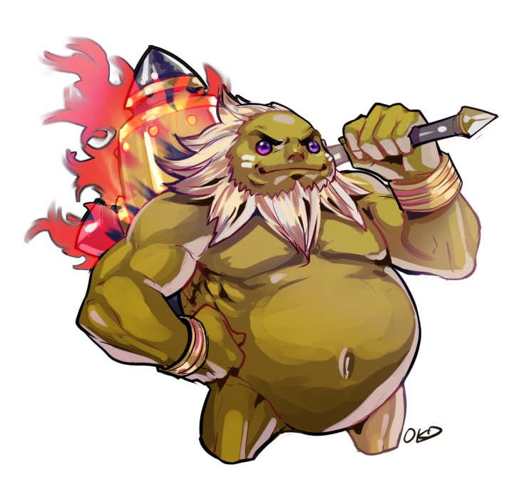 1boy beard bracelet colored_skin cropped_legs darunia eyebrows facial_hair fire goron green_skin hammer hand_on_own_hip hyrule_warriors jewelry male_focus mallet monster_boy navel nintendo okada_(hoooojicha) over_shoulder purple_eyes silver_hair solo the_legend_of_zelda the_legend_of_zelda:_ocarina_of_time thick_eyebrows weapon weapon_over_shoulder white_background