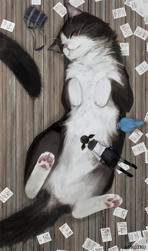 1girl animal animal_hands bag bird black_hair black_legwear black_skirt cat cat_paws chicken lying monokubo on_back on_stomach original oversized_animal paper rooster school_uniform shirt short_twintails skirt solo twintails whiskers white_shirt wooden_floor