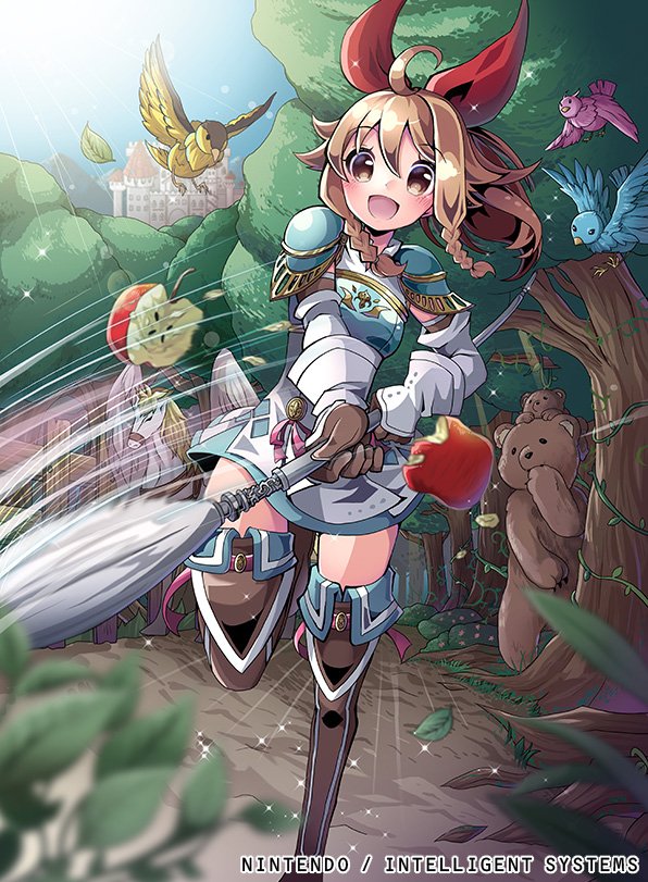 apple bear bird boots bow braid brown_eyes brown_hair company_name emma_(fire_emblem) fire_emblem fire_emblem_cipher fire_emblem_echoes:_shadows_of_valentia food fruit gloves kei_s01 long_hair nintendo official_art open_mouth pegasus polearm ponytail sky solo sparkle spear teeth tree weapon