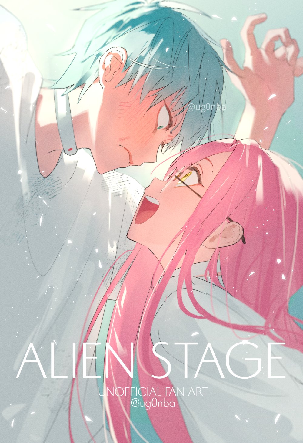 1boy 1girl aged_down alien_stage blush choker closed_mouth commentary_request copyright_name english_text face-to-face from_side green_eyes grey_hair hetero highres long_hair mizi_(alien_stage) pink_hair shirt short_hair smile till_(alien_stage) twitter_username ugonba_(howatoro) upper_body very_short_hair white_choker white_shirt yellow_eyes
